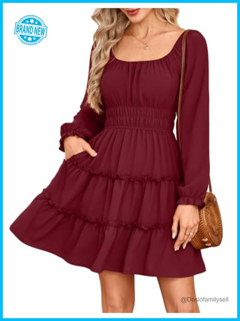 Women's Square Neck Long Sleeve Tiered Ruffle A-Line Mini Dress with Pockets